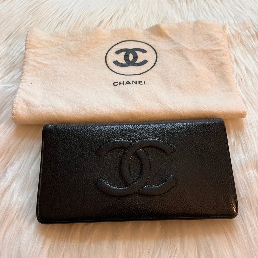Chanel Cavier CC Logo Black Bifold Long Wallet